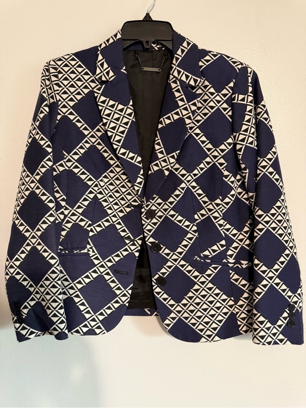 Trina Turk Navy and White Geometric Pattern Blazer